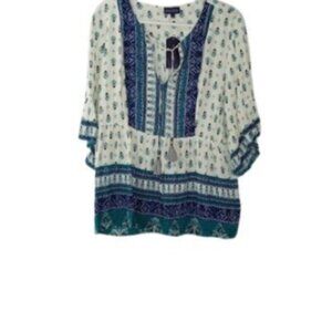 Artesia Womens Peasant Top Cascade Green Combo Floral Tassel Tie Bell Sleeve Boh